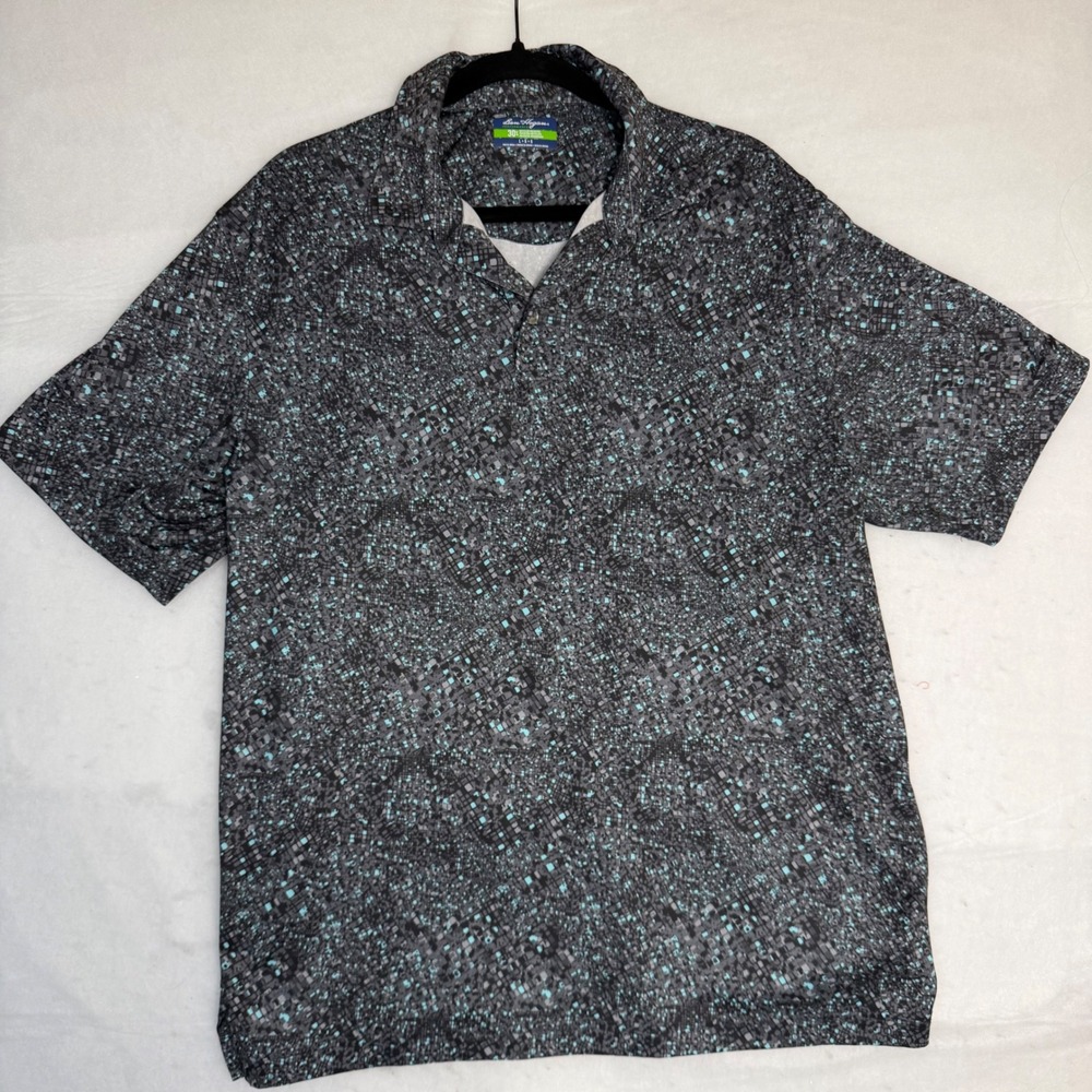 Ben Hogan Performance Mens Large Polo Shirt Geometric Mosaic Teal Black Grey L